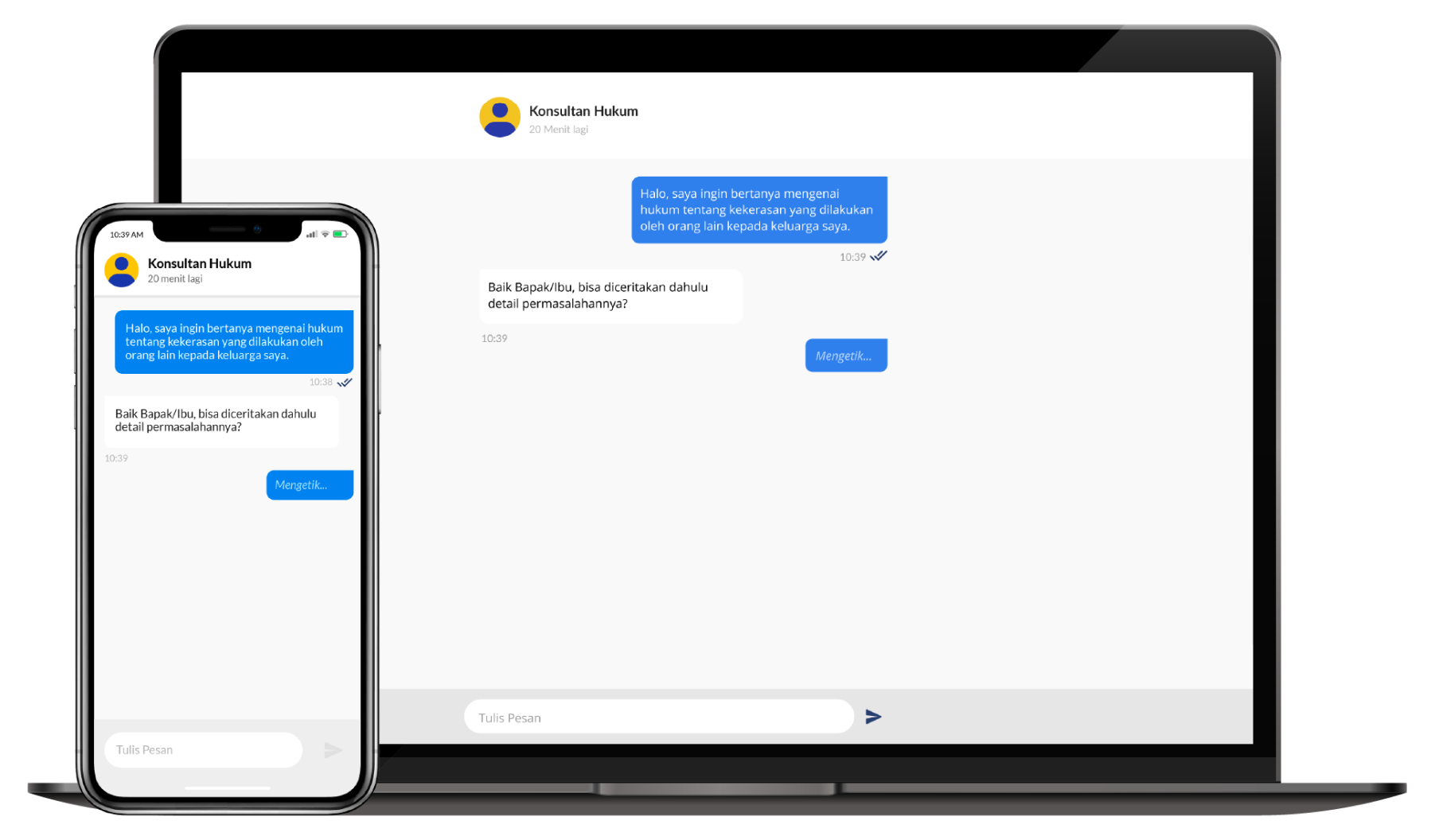 Percakapan konsultasi hukum dengan pengacara via chat online